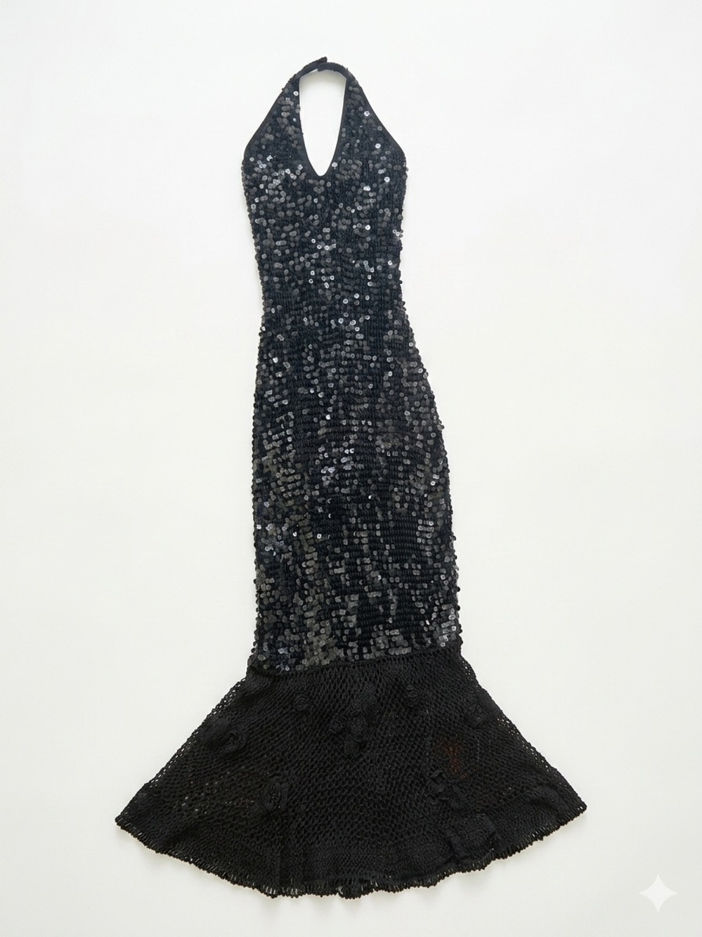 SZ S SUE WONG VINTAGE Y2K SEQUIN CROCHET MERMAID HALTER MAXI DRESS